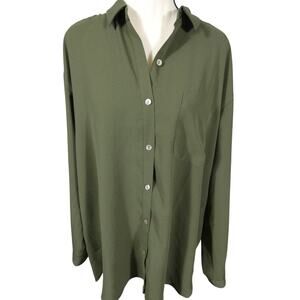 J. Jill Women's Large Olive Green Button Up Collared Tunic Blouse Long Sleeves
